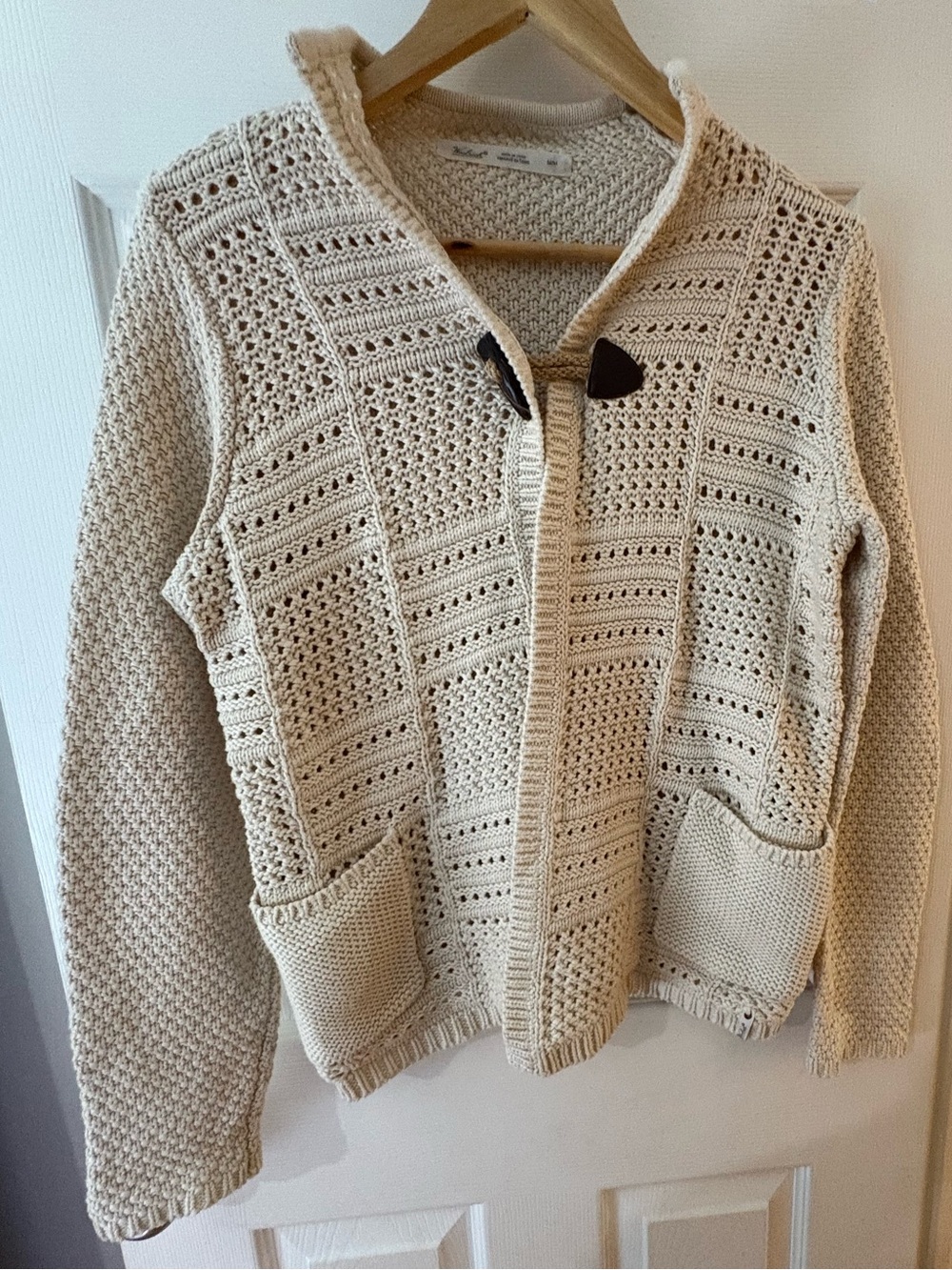 Woolrich knit toggle cardigan sweater cream ivory size medium patchwork